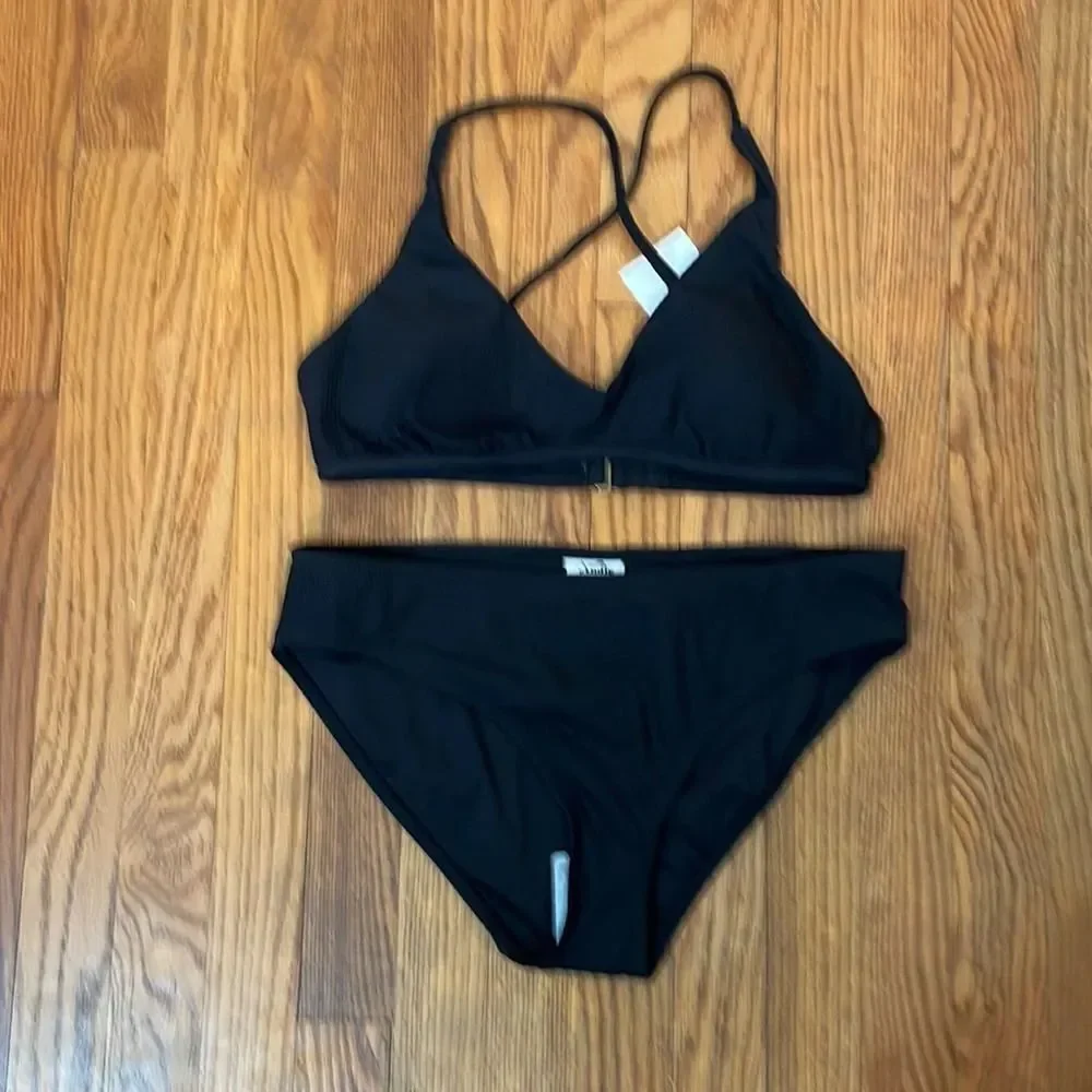 Andie Bikini Set Valencia Top Bikini Bottom Rib Black size Large NWT‎